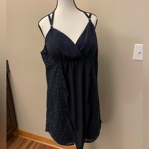 Athleta sun dress, navy blue with lace detail.